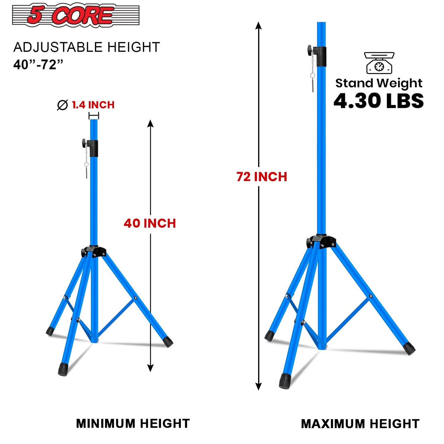 5Core Speaker Stand Tripod 2Pcs Tall Adjustable 72 Inch DJ Studio Monitor Stands Pole Mount