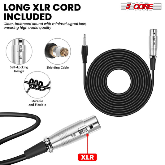 5 Core Podcast Equipment Bundle w Cardioid Dynamic XLR Microphone Mini Desk Stand XLR to 1/8” Cable